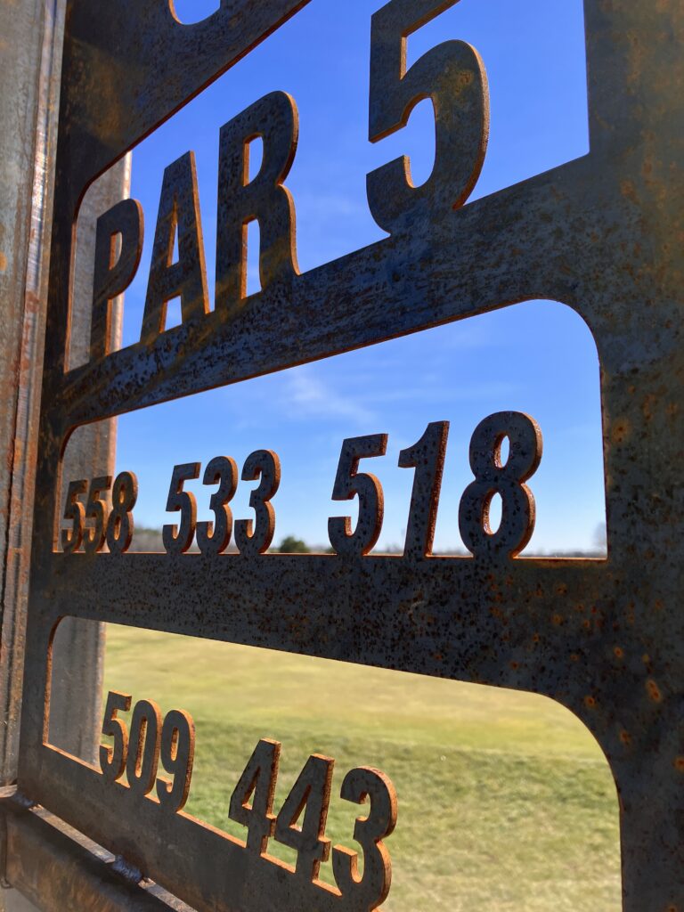 golf sign , tee box , tee box sign, weathering steel, corten , metal sign