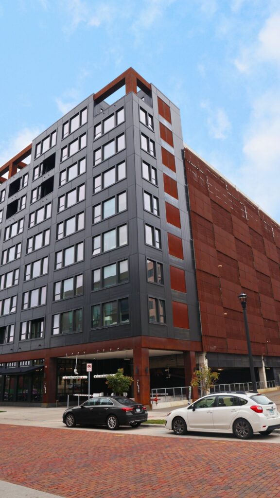 Perforated aluminum panels on parking garage