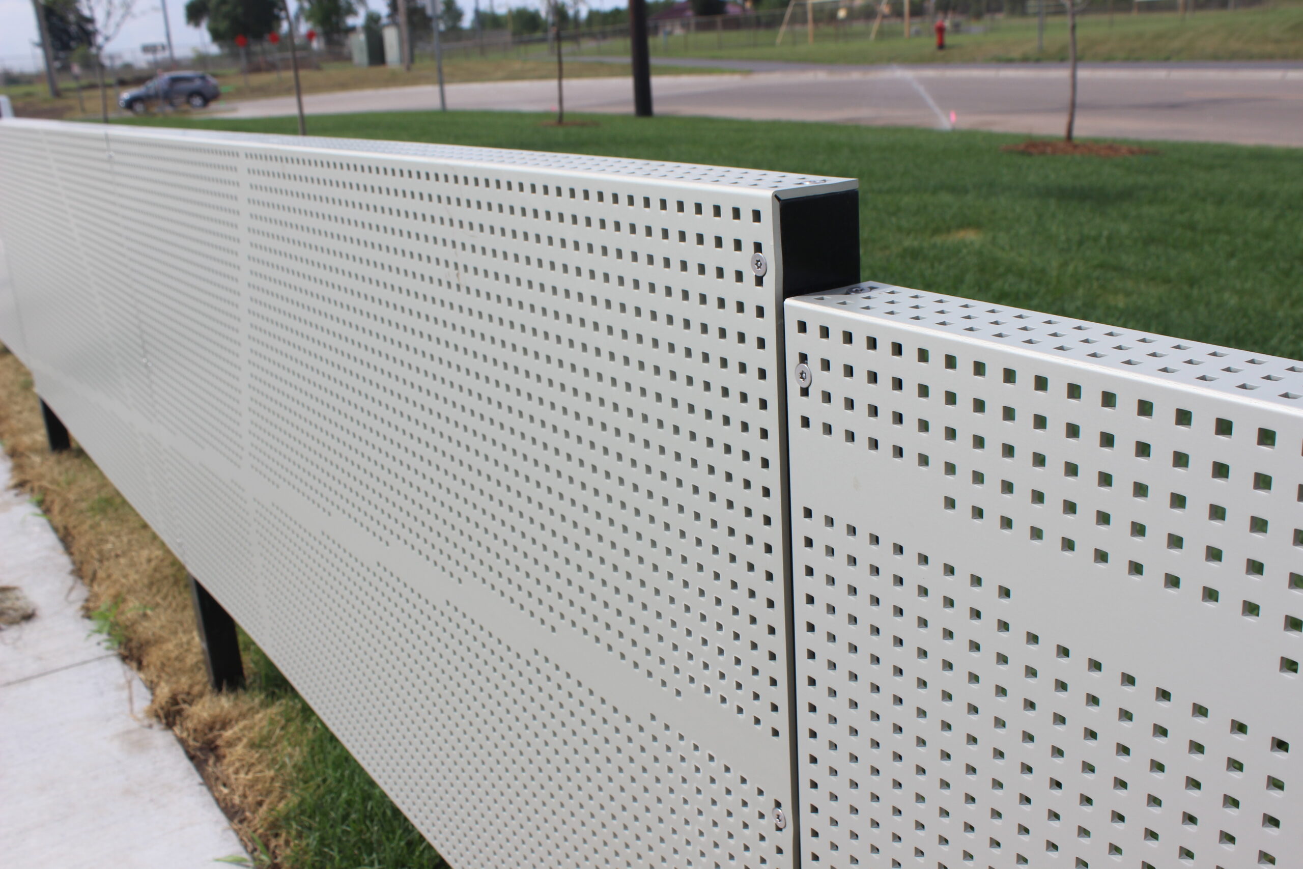 custom square perforated pattern formed over post edge for metal fence panels