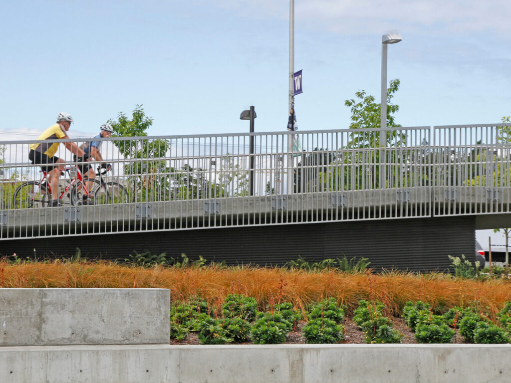 cycling path on University of Washington transit station bridge railings